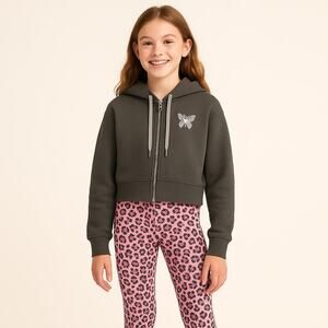 Girls Large Crop Hoodie Sweatshirt Butterfly with Pink Leopard Leggings Set
